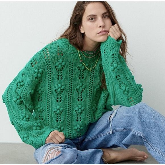Zara Green Pom Pom Knit Slouchy Sweater Womens Medium Blogger Favorite - Picture 1 of 11